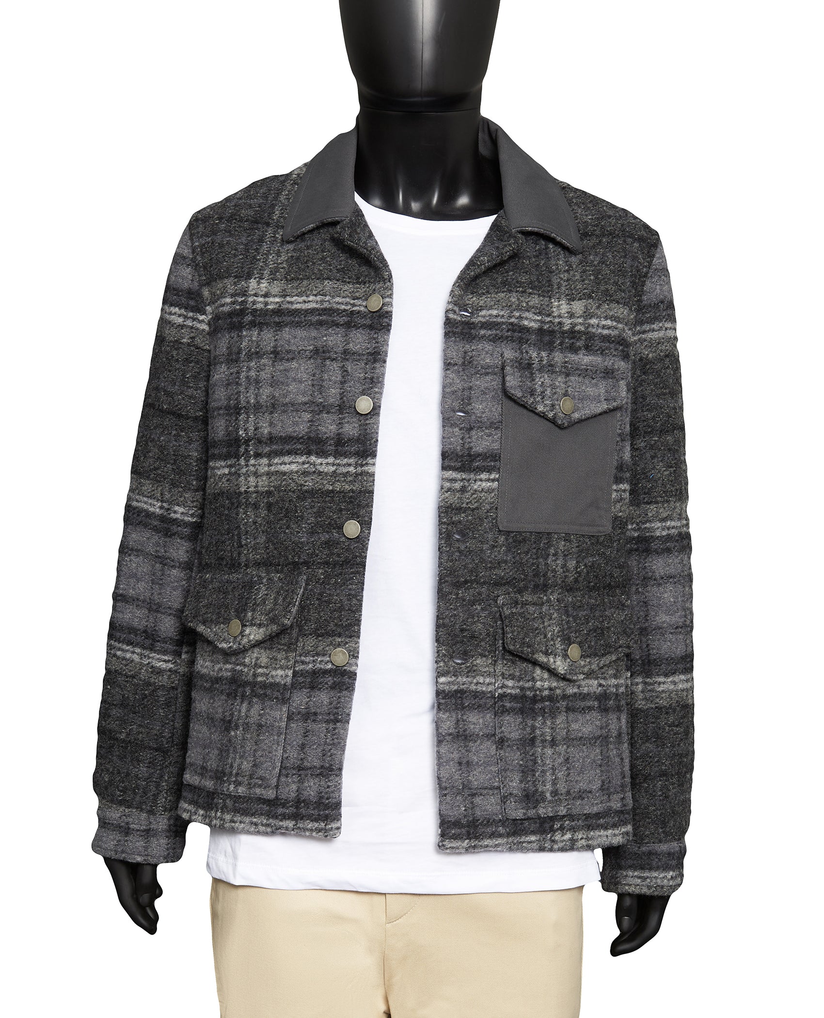 3-POCKET PLAID MIXED MATERIAL SHIRT JACKET