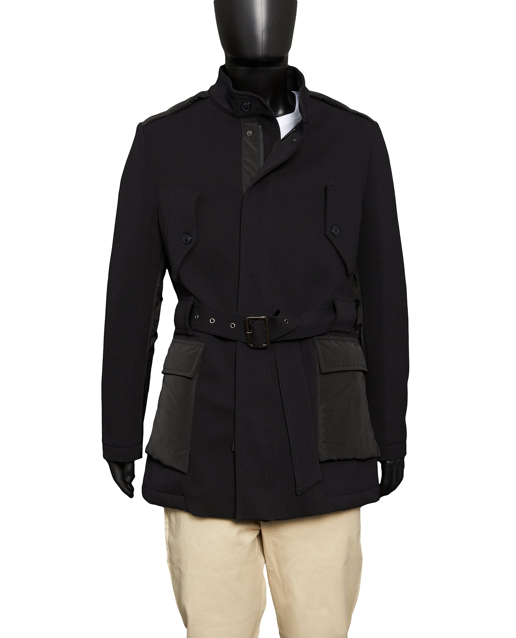 BELTED MILITARY JACKET WITH NYLON DETAIL