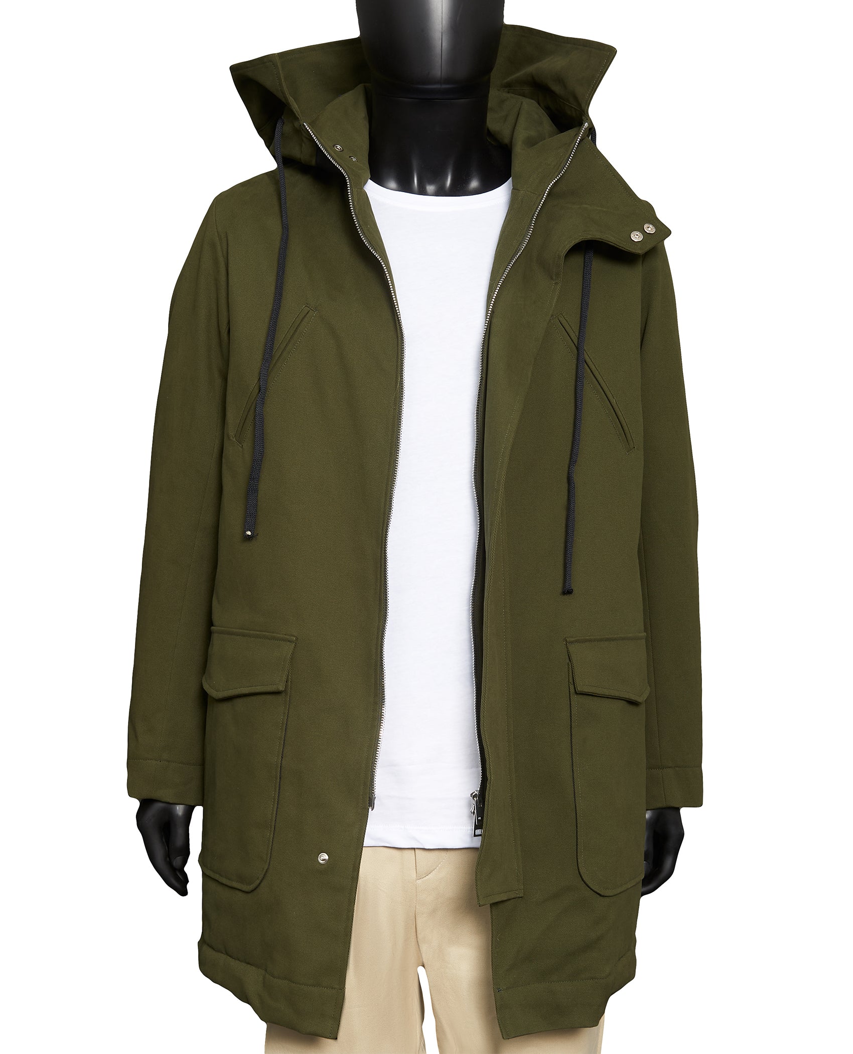 GREEN HOODED TRENCH WITH FAUX FUR LINING