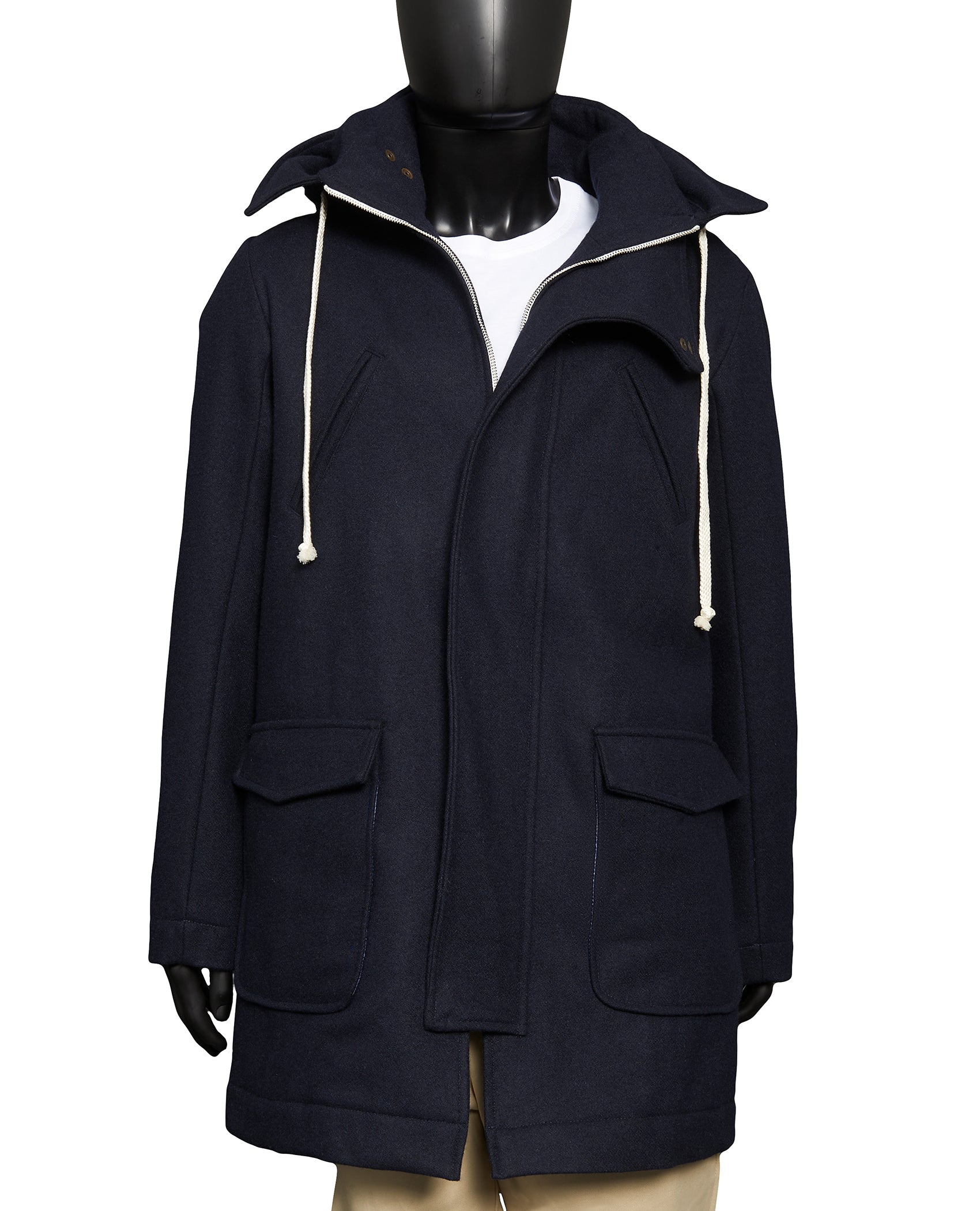 2-POCKET HOODED DRAWSTRING OVERCOAT